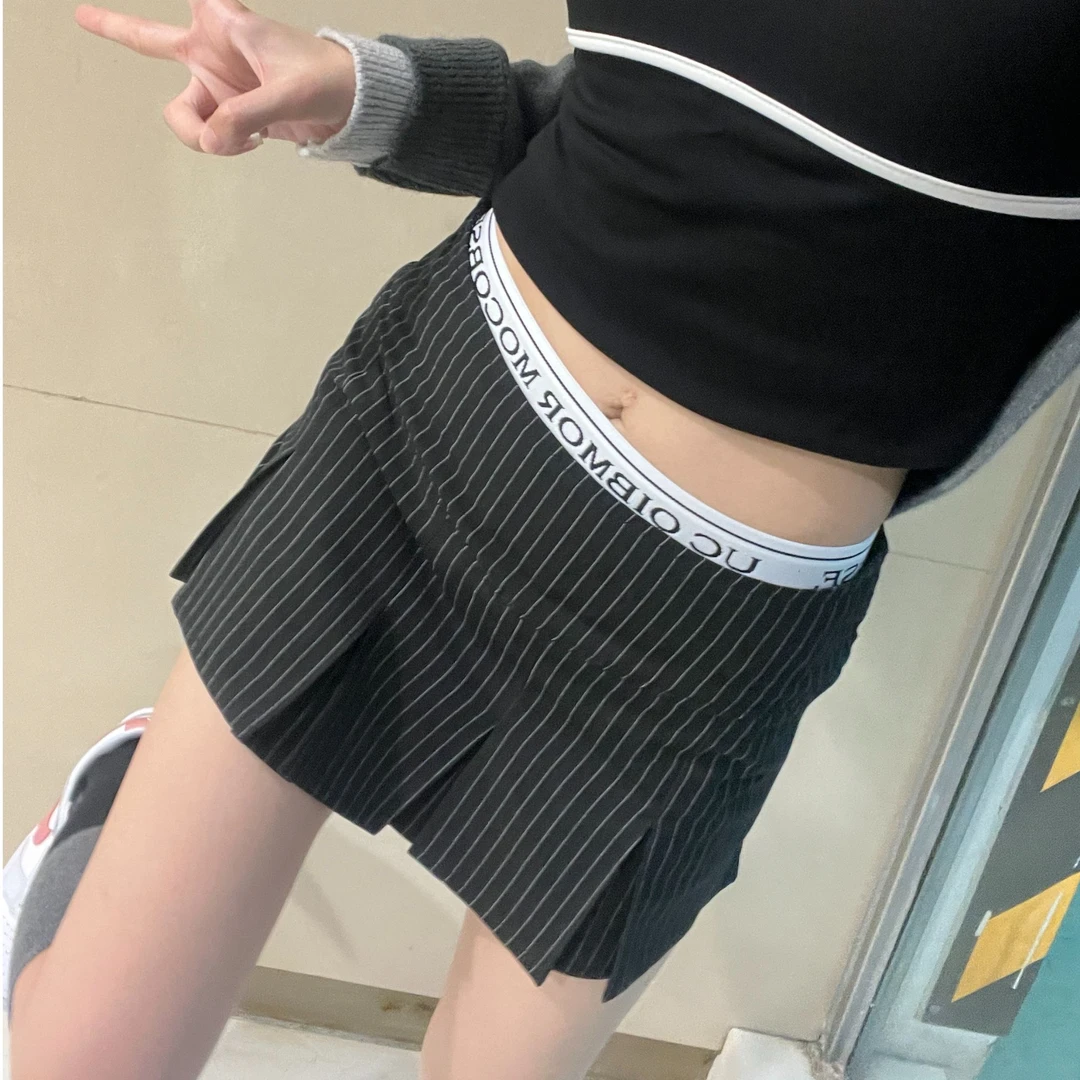 FOURinL 弹力字母腰条纹百褶裙显瘦半身裙