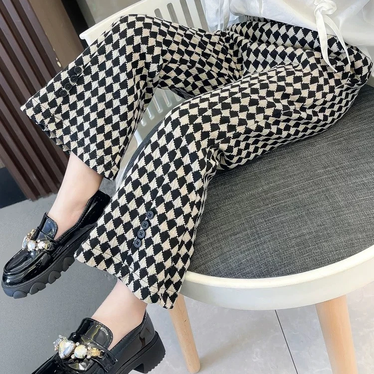 女童春装格子休闲裤子春款宝宝洋气修身儿童春秋季韩版喇叭裤9009