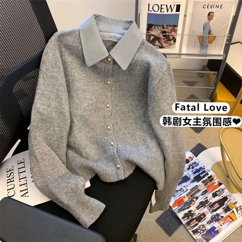 慵懒风灰色拼接polo领针织外套女春季季新款高级感超好看毛衣开衫