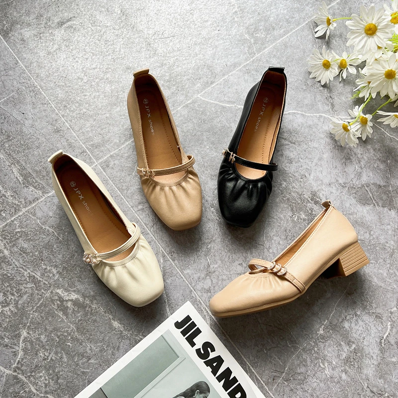 新款法式玛丽珍单鞋女夏牛皮平底圆头温柔风豆豆鞋方跟小皮鞋女鞋