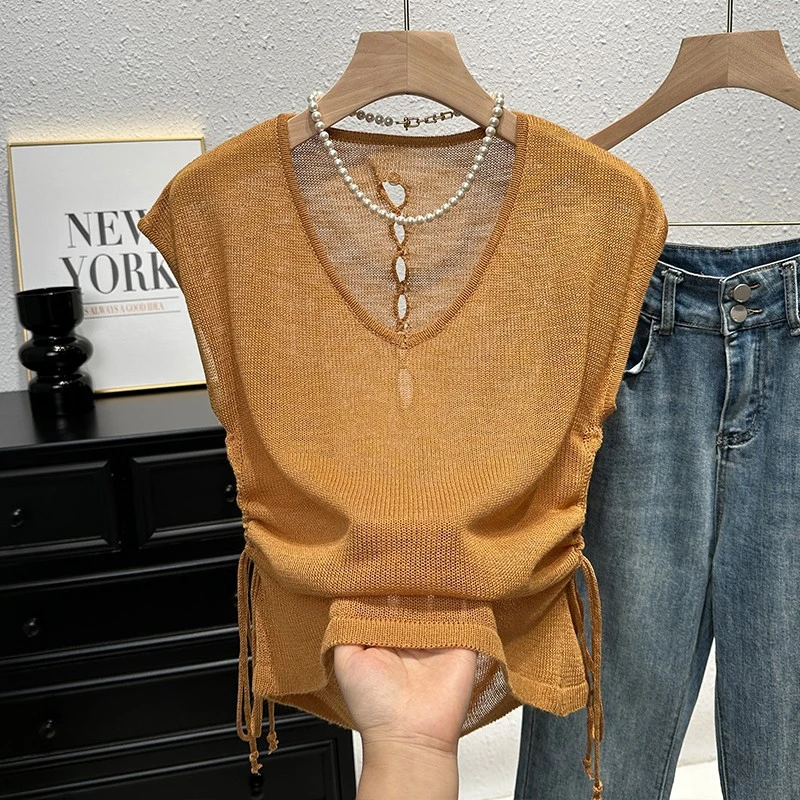 针织短袖t恤女夏季2024新款设计感小众独特镂空洋气漂亮抽绳上衣