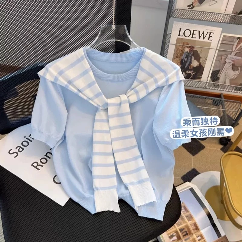 奶蓝色短袖针织衫配披肩chic韩版假两件上衣网红宽松小衫女2023夏