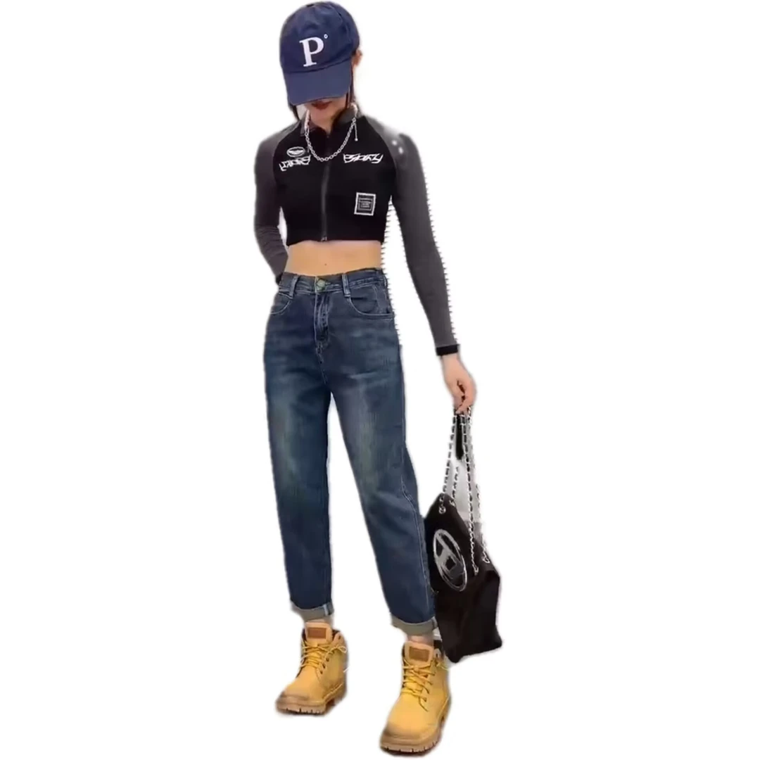 休闲百搭复古哈伦女士牛仔裤2025春季新款时尚显瘦怀旧蓝色微胯裤