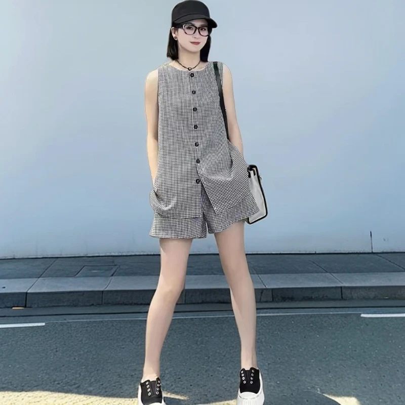 休闲时尚格子套装女2025夏季韩版无袖开衫上衣显瘦短裤格纹两件套