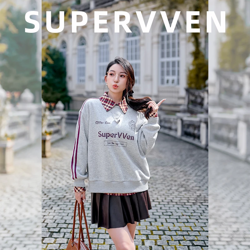 超级文 微波澄动复古学院印花宽松显瘦加绒情侣卫衣秋冬微胖大码