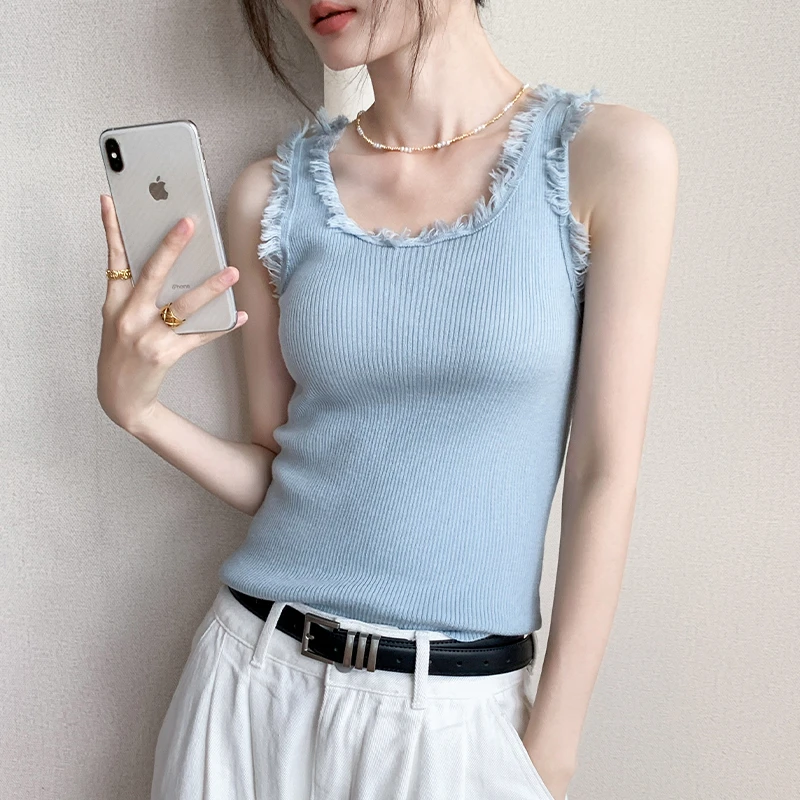 毛边针织白色吊带背心女2024打底修身纯色百搭别致设计感小众上衣