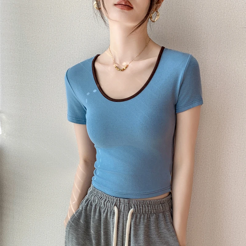 撞色圆领洋气短袖T恤女夏季新款简约正肩修身显瘦衬衫内搭打底衫