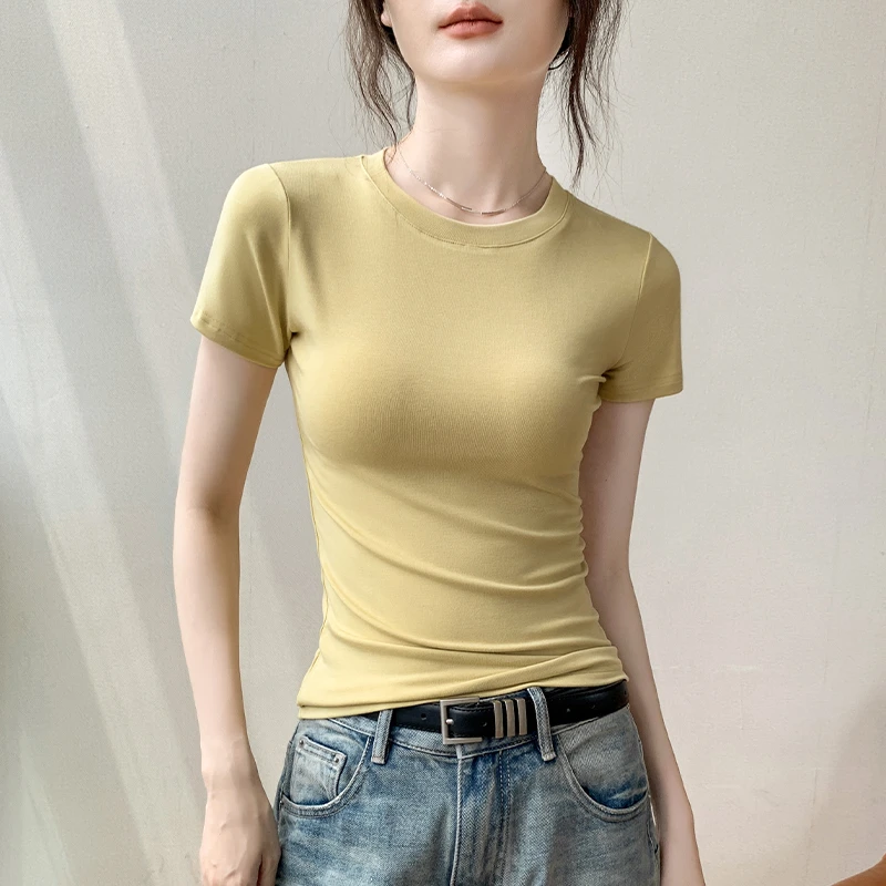 歌倍尚莱赛尔冰丝短袖t恤女2024夏新款纯色修身显瘦黑色短袖t恤女