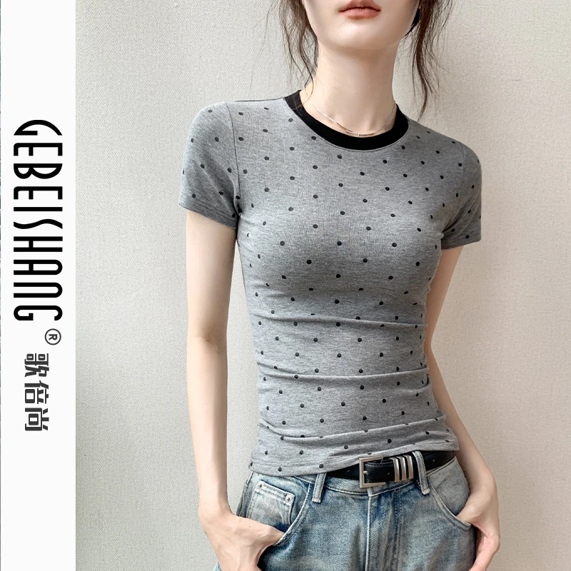 歌倍尚法式小香风圆领波点短袖T恤女2024显瘦修身设计感上衣