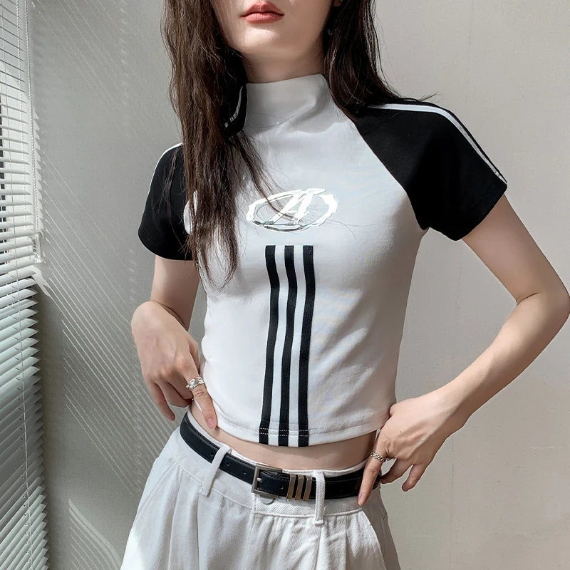 美式复古风修身ins短袖T恤女早秋新款设计感小众显瘦时尚短款上衣