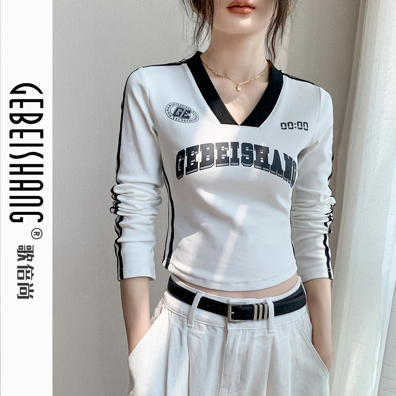 韩版V领内搭长袖打底衫女秋季新款设计感条纹别致修身白色t恤上衣