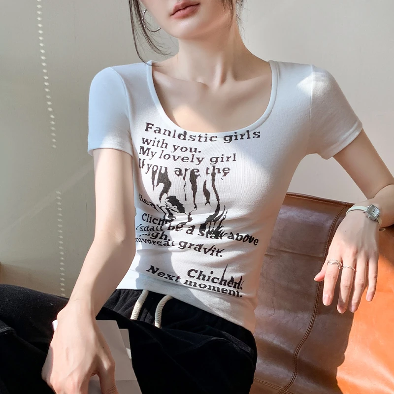 欧货圆领短袖T恤女2024春季新款字母洋气内搭上衣修身显瘦打底衫