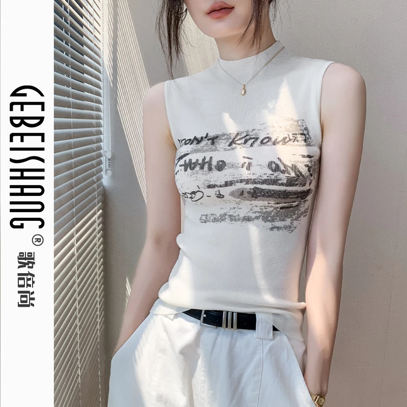 歌倍尚无袖针织打底衫女内搭2024秋冬新款半高领印花修身显瘦背心