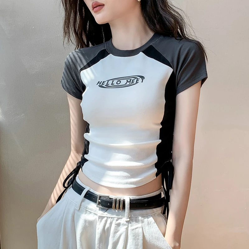 圆领撞色印花抽绳短袖t恤女时尚夏季新款修身显瘦辣妹正肩打底衫