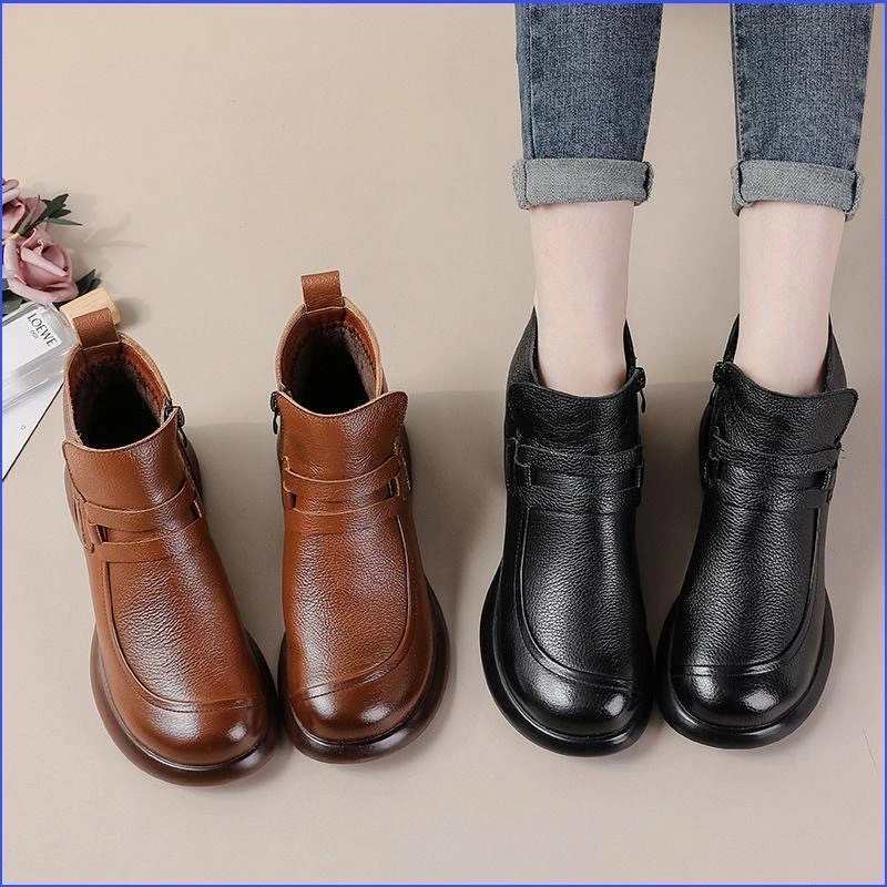 单靴女软皮妈妈鞋软底中跟百搭马丁靴2024春秋新款中年短靴女单鞋