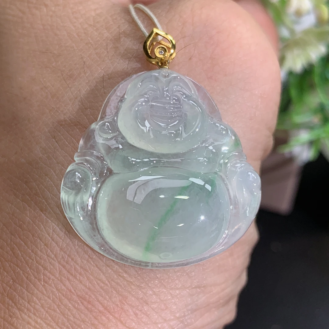 缅甸天然翡翠A货18k金冰种起胶飘阳绿佛公吊坠,尺寸26×26.1×6.2