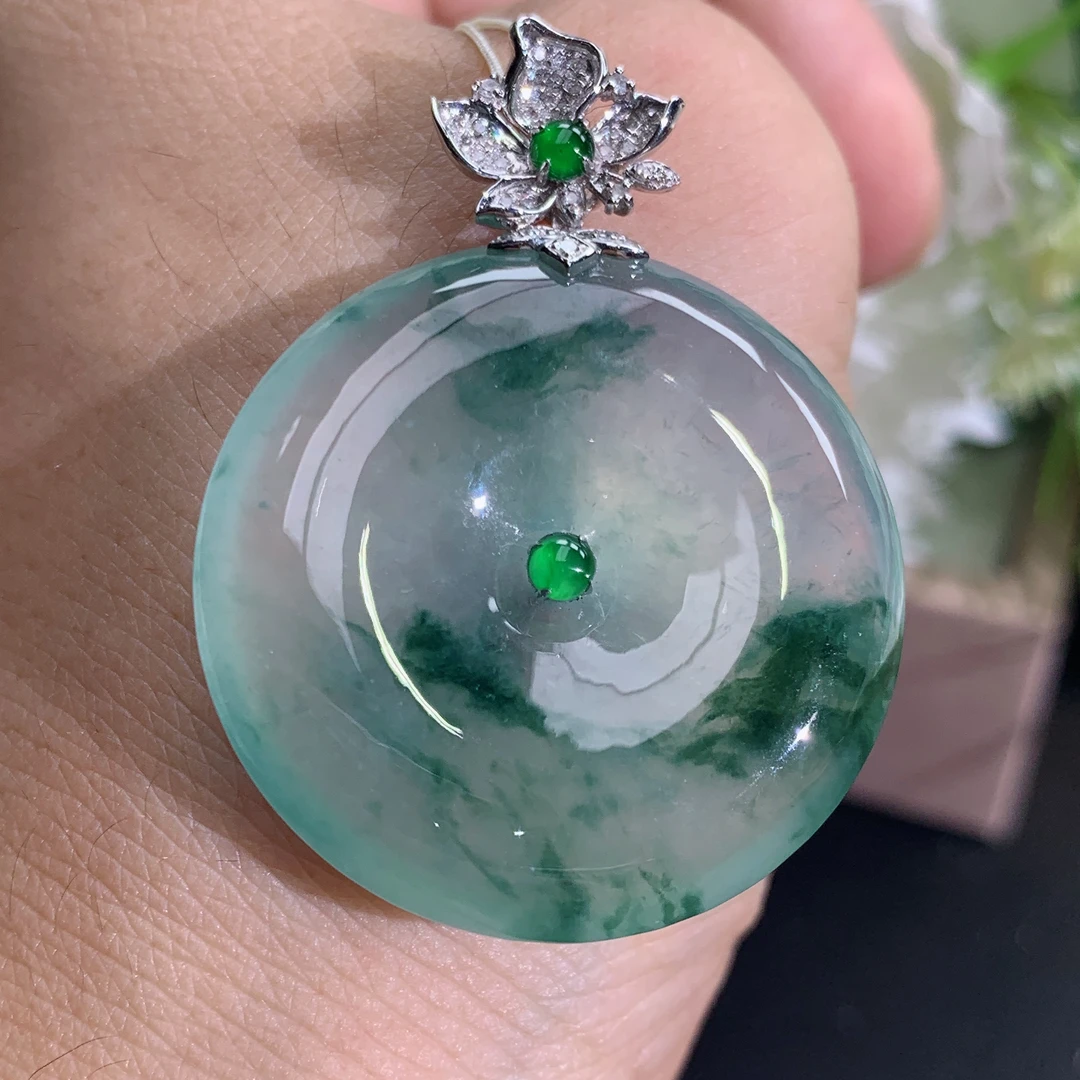 缅甸天然翡翠A货18k金高冰起胶飘花平安扣吊坠,尺寸41.3×31.2×6.6