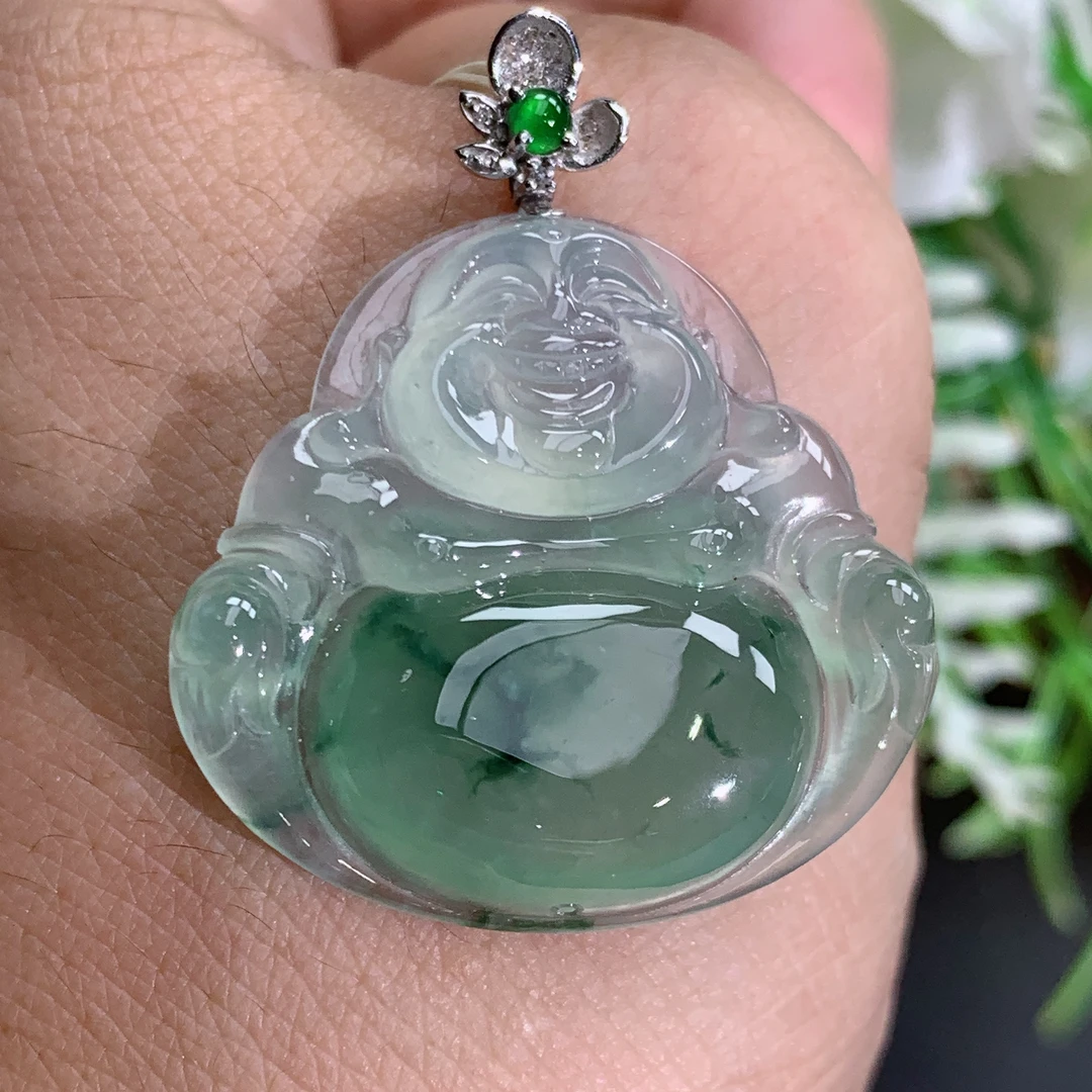缅甸天然翡翠A货18k金冰种起胶飘花佛公吊坠，尺寸27.2×28.4×5.8