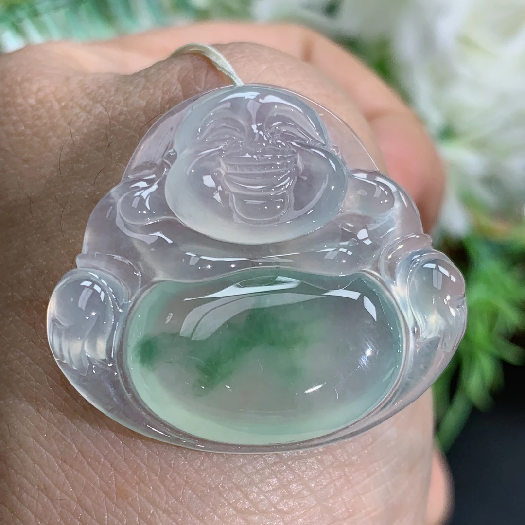 缅甸天然翡翠A货玉石高冰胶飘绿花佛公吊坠