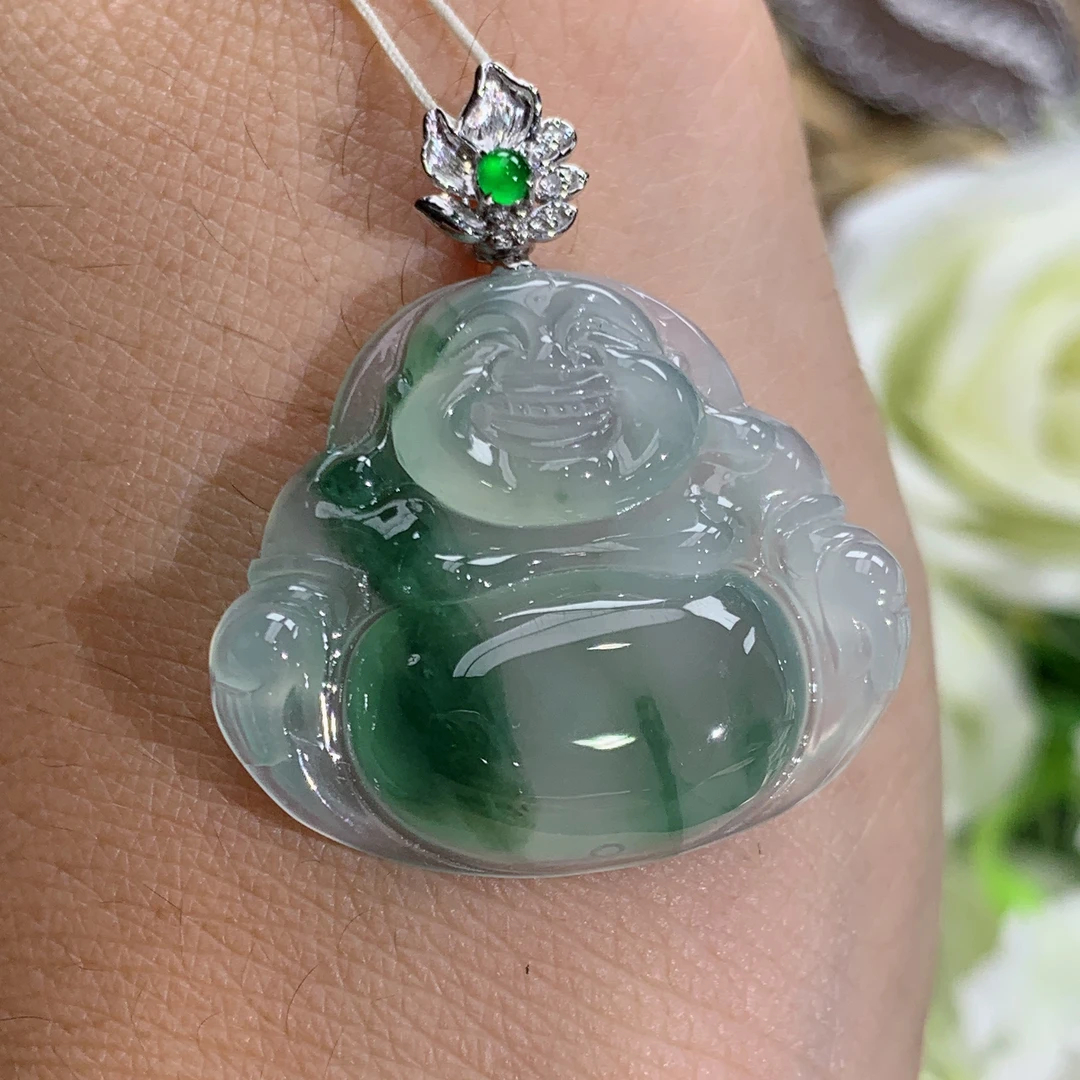 天然翡翠A货玉石18k金冰种起胶飘花佛公吊坠， 尺寸:23×27×5.6