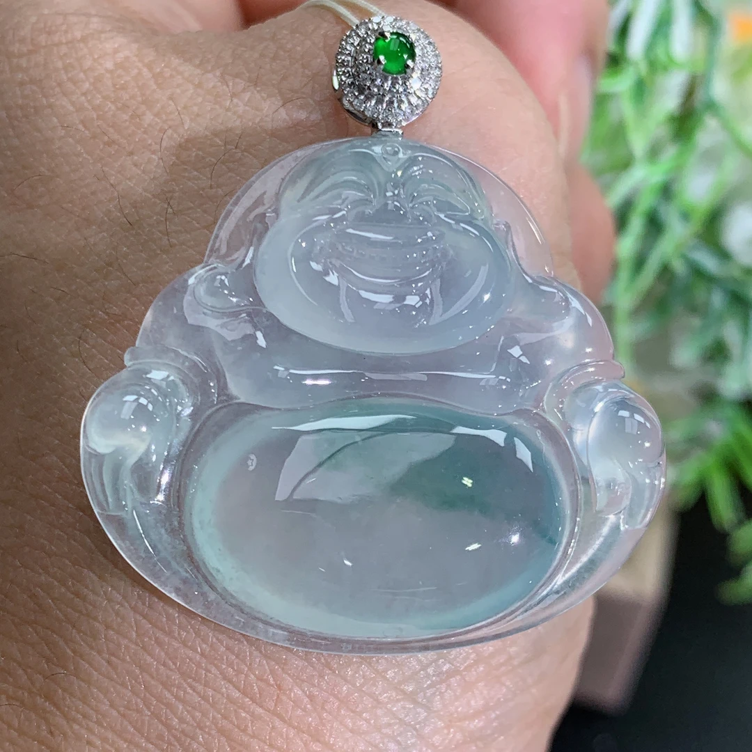 缅甸天然翡翠A货18k金正冰胶飘蓝花佛公吊坠，尺寸32×35.63×5.9