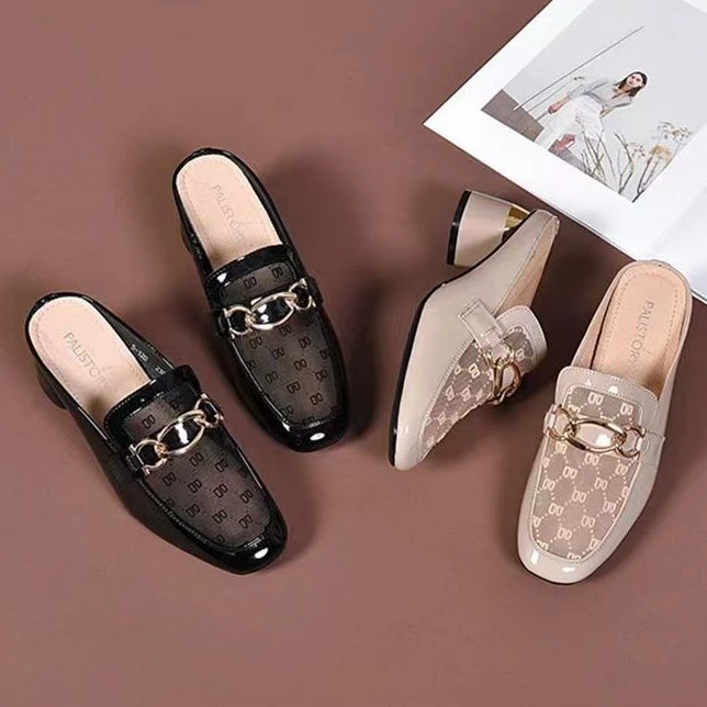 2024新款包头半拖鞋女夏外穿时尚低跟网纱半拖单鞋粗跟软皮凉拖鞋