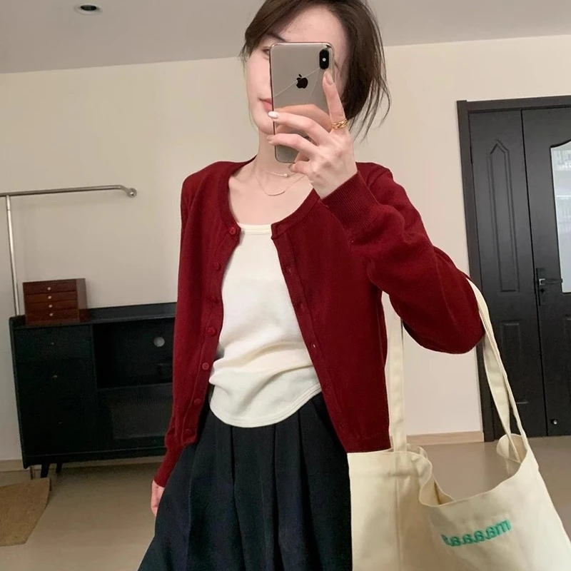 针织开衫外套早秋新款女装2024爆款白色圆领毛衣黑色薄款春秋上衣