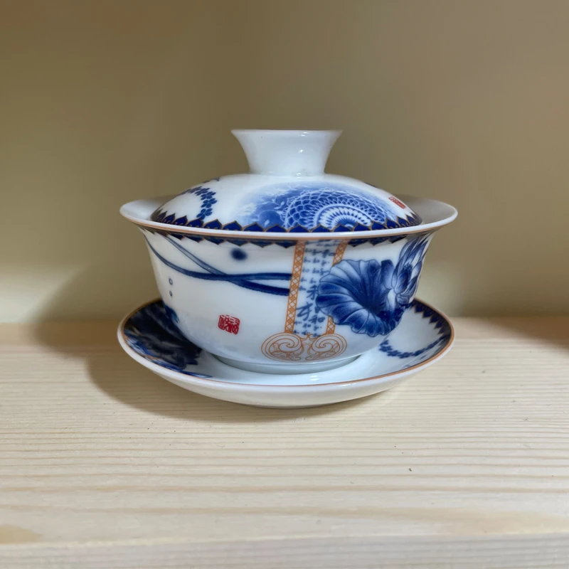 景德镇雕花描绘手工三才盖碗瓷盖碗纯手工茶具陶瓷盖碗茶杯小盖碗