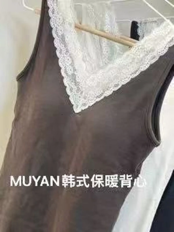 秋冬磨绒V领蕾丝韩式高弹舒适款保暖一体杯发热背心162