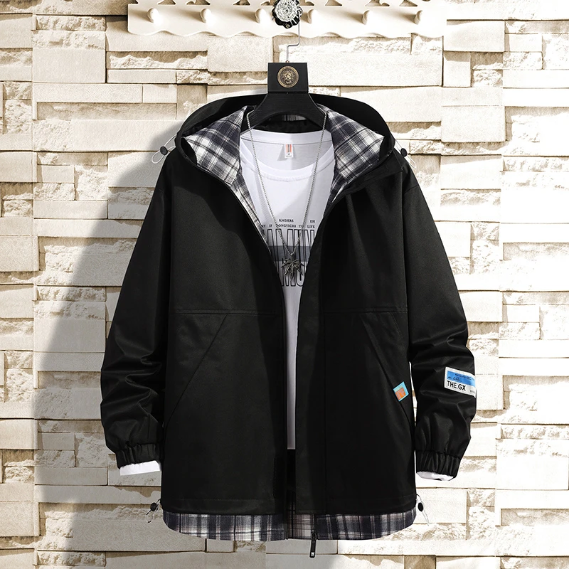 假两件工装外套男春秋2022新款加肥大码宽松春季休闲连帽夹克男潮