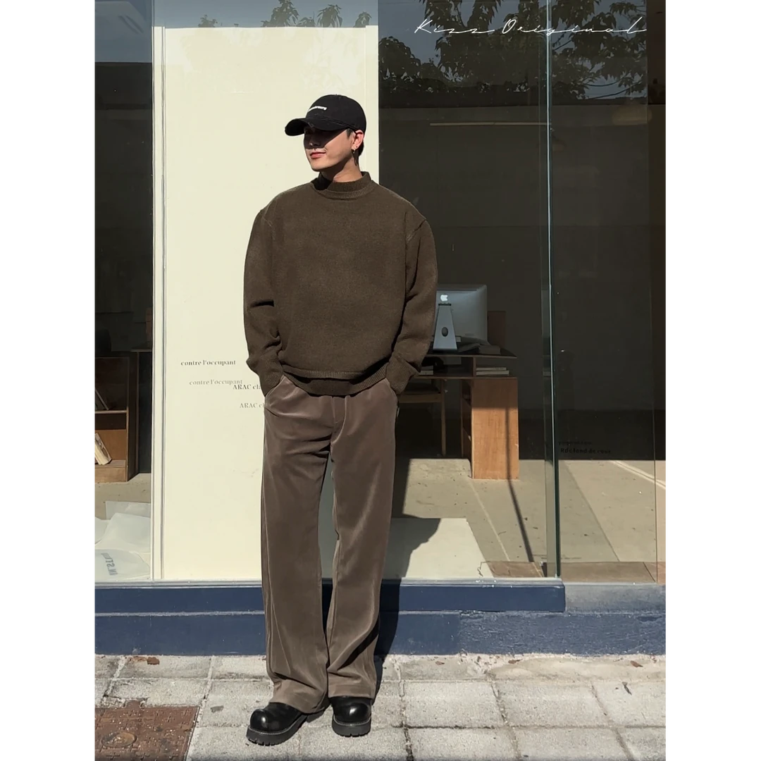 【kizz】定制版型大地色系雪尼尔直筒宽松垂感休闲百搭抽绳休闲裤