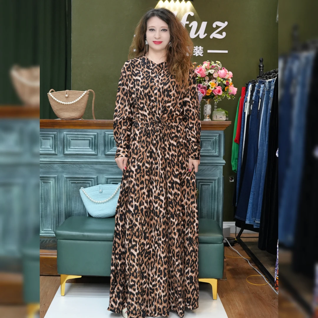 连衣裙气质显瘦长袖休闲时尚打底长款豹纹高档大码连衣裙