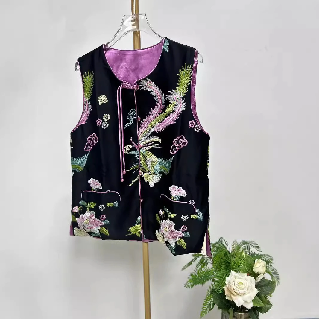 XH1A178J160文艺复古刺绣醋酸马甲女新中式国风无袖坎肩短外套