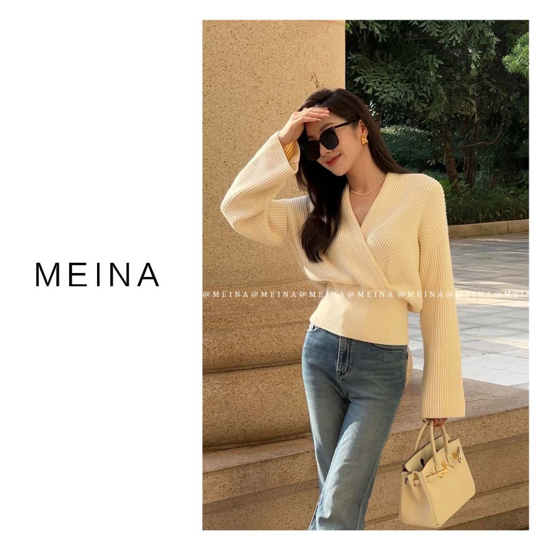 MEINA【白雪盛恋】山羊绒秋冬高腰不规则V领交叉设计小众毛衣上衣