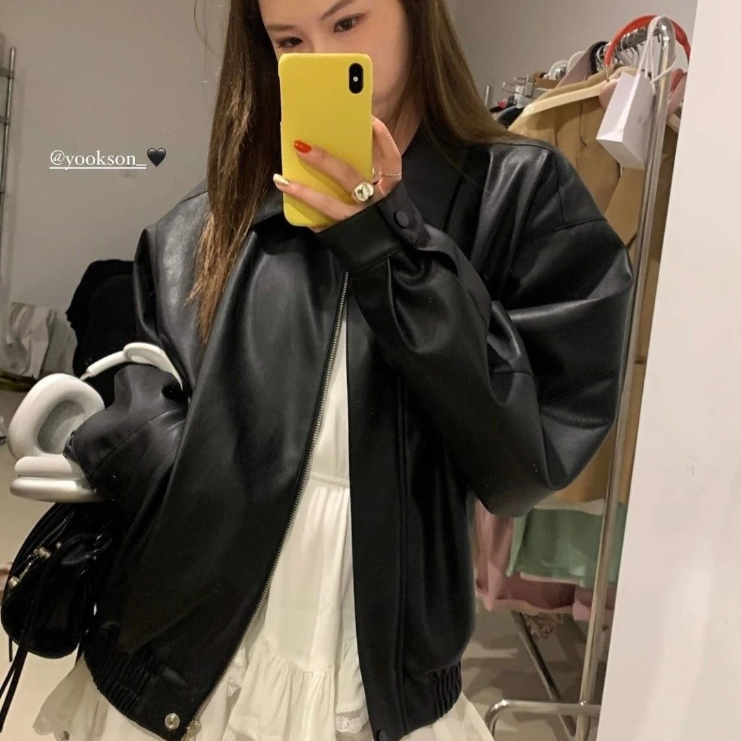 黑色皮衣女小个子短款2024秋冬季宽松显瘦复古小众pu机车夹克外套