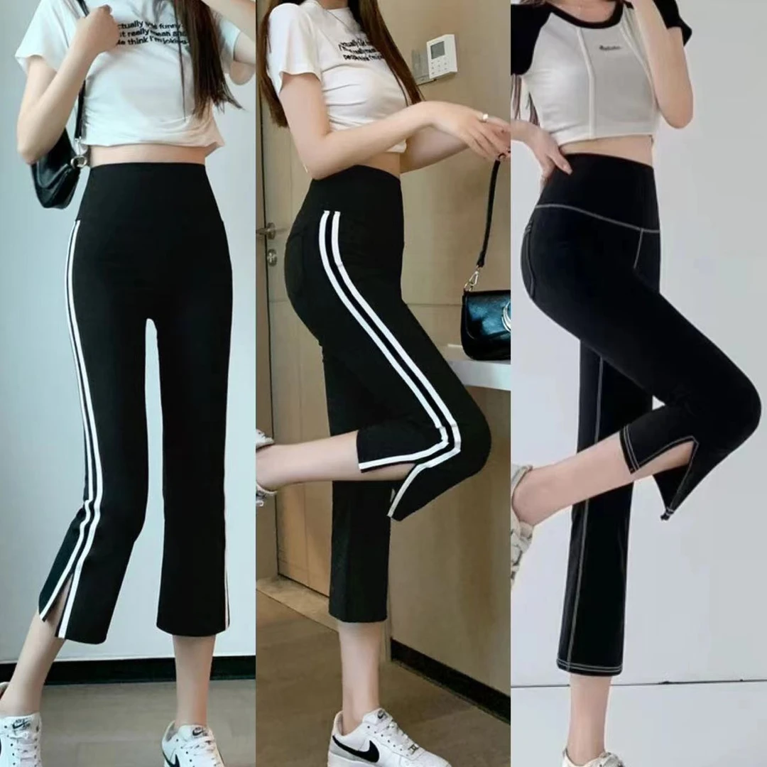 2025春夏季新款条纹修身中高腰设计感时尚休闲显瘦直筒打底八分裤