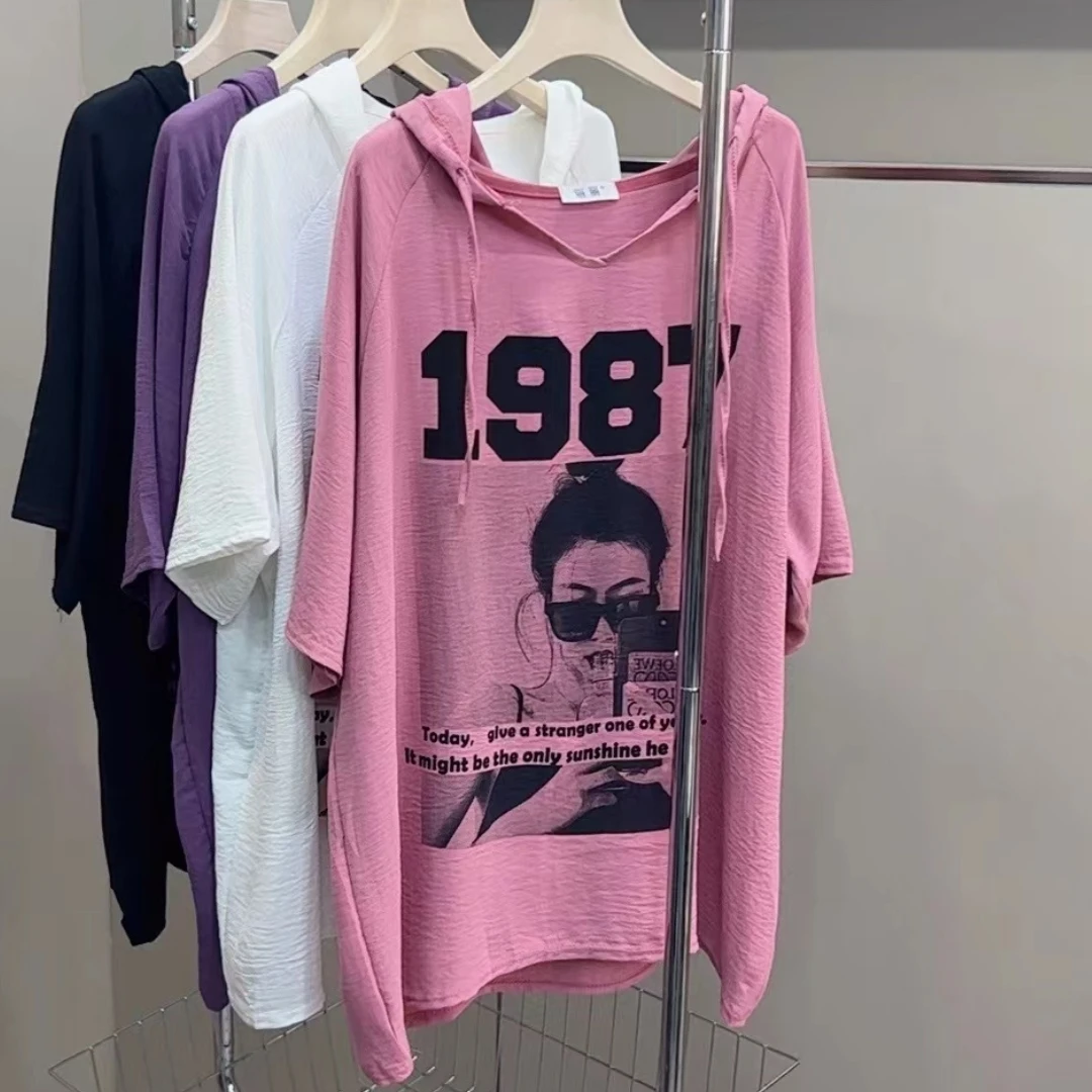 2025新款简约气印花1987美女连帽时尚夏季短袖褶皱感透气T恤5558