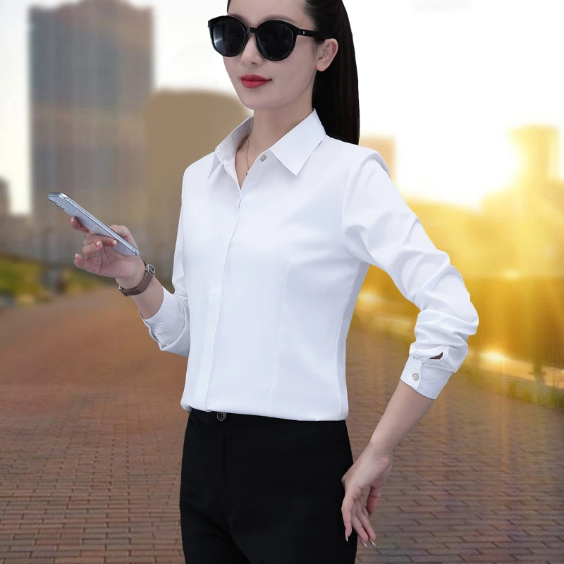 2025春秋新款白色免烫长袖衬衫女韩版气质修身显瘦工装工作服衬衣
