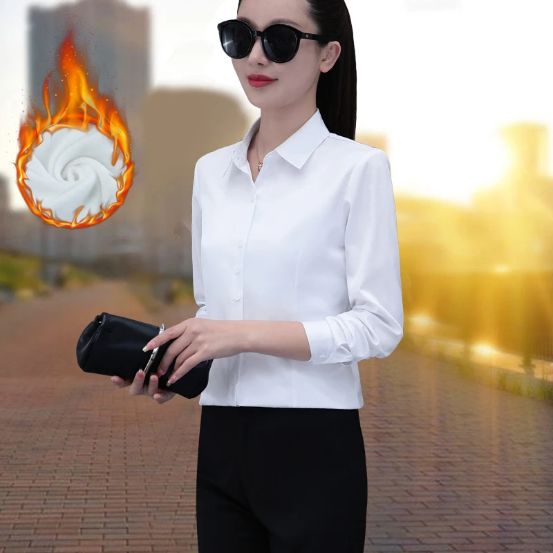 白色加绒加厚衬衫女长袖2025秋冬新款免烫工装工作服内搭保暖上衣