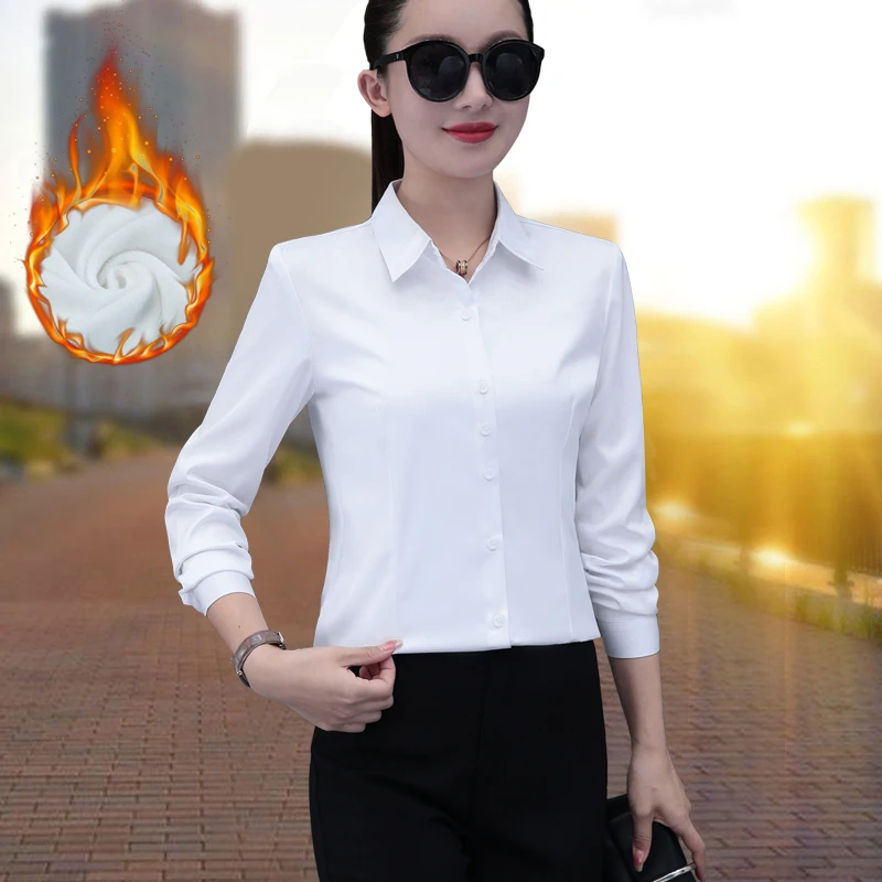 加绒加厚白色免烫衬衫女长袖2025新款秋冬韩版修身显瘦职业衬衣