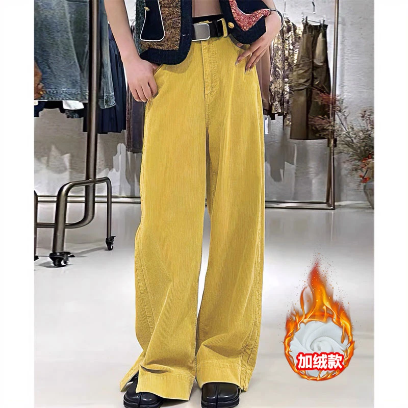加绒冬季美式复古宽松垂感开叉百搭直筒阔腿拖地长裤灯芯绒休闲裤