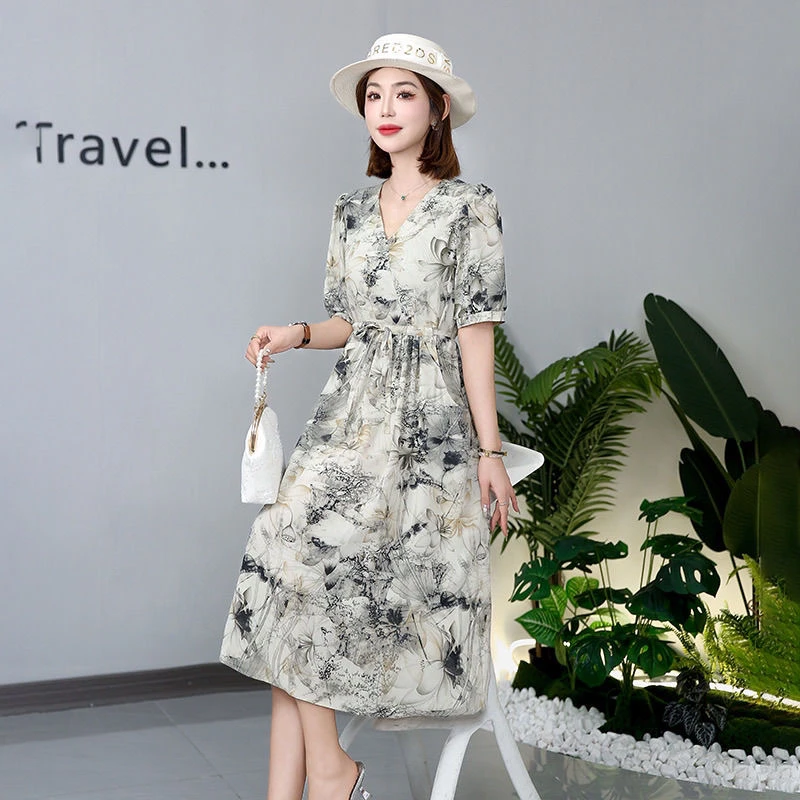 法式碎花水墨画连衣裙女2024春秋新款气质高级收腰显瘦洋气长款