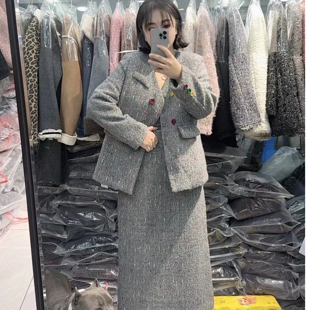 欧洲站彩条小香风冬季加厚2024新款气质粗花呢西装套装