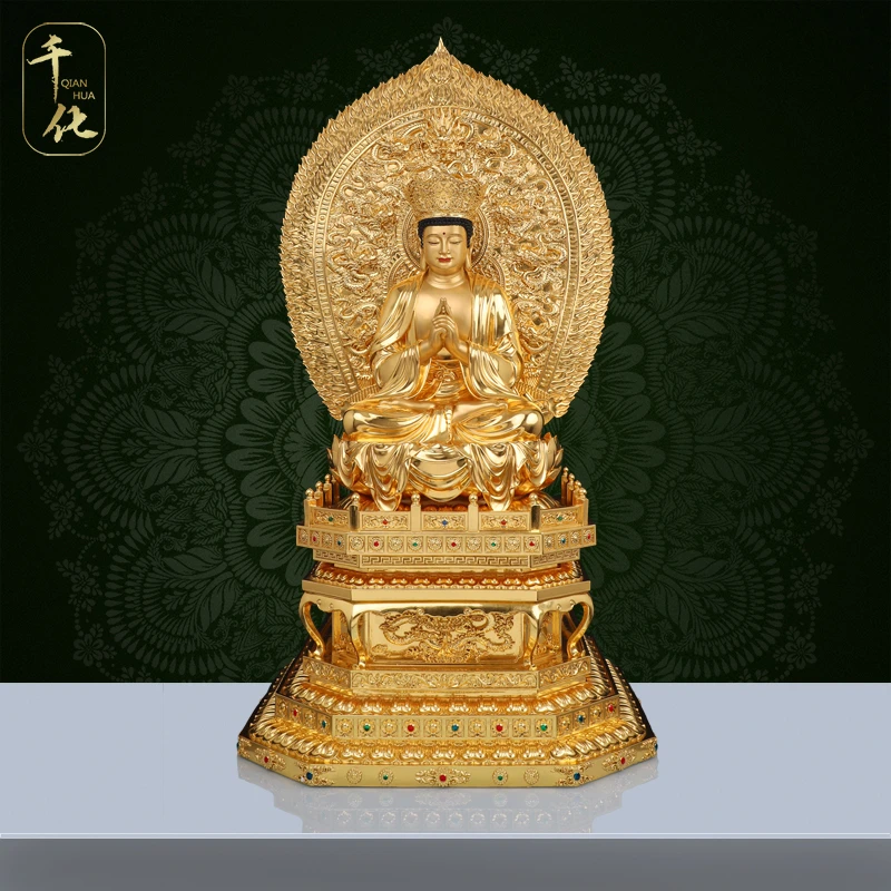 千化黄铜掐丝贴金镶宝毗卢观音纯手工铸造铜摆件中式家居工艺摆件