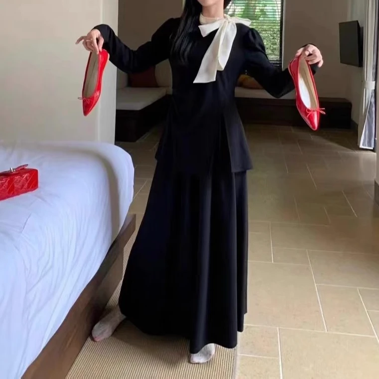 2024秋款法式撞色蝴蝶结立领修身长袖衬衫女高腰半身裙套装