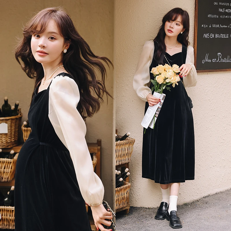 MIDULI孕妇装春季气质方领潮时尚丝绒拼接假两件春秋连衣裙70458