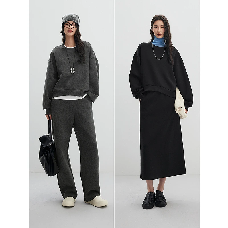 初棉卫衣套装卫衣上衣圆领空气层长袖黑色套头356608002