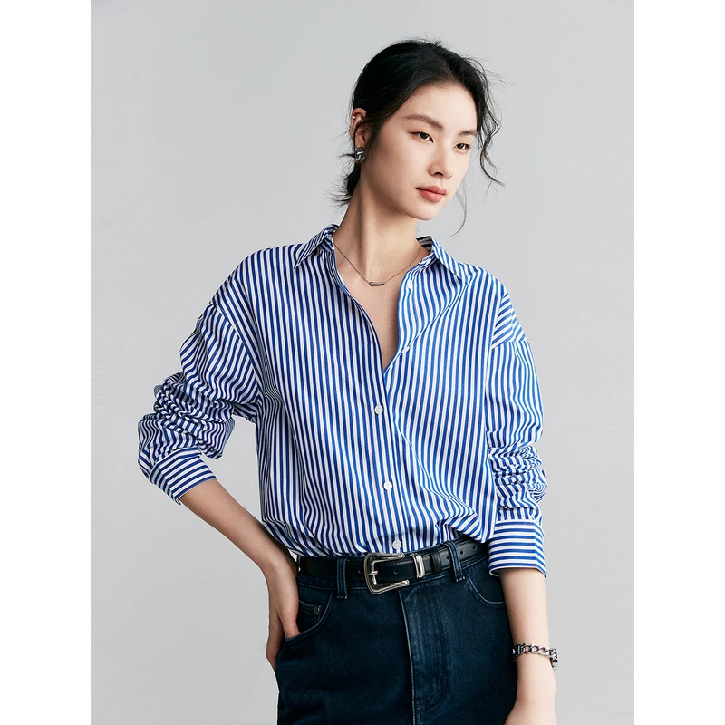 初棉色织蓝白竖条纹长袖衬衫全棉叠穿衬衣宽松346604039