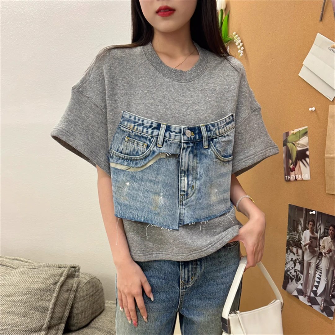 JUNWEILIN24秋冬新款灰色半袖牛仔假两件卫衣百搭宽松上衣休闲