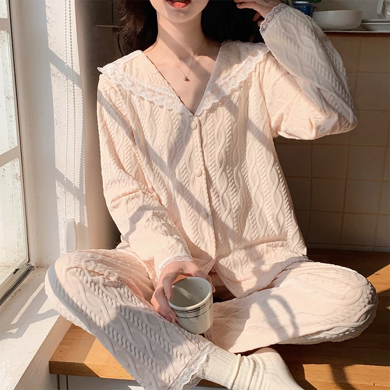 海岛绒睡衣女士2023秋冬季新款纯色花边加厚保暖舒适家居服可外出